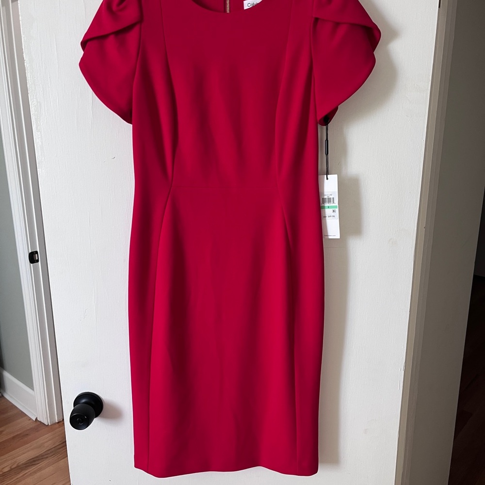 Calvin Klein Red Sheath Dress with Flutter Cap Sleeves